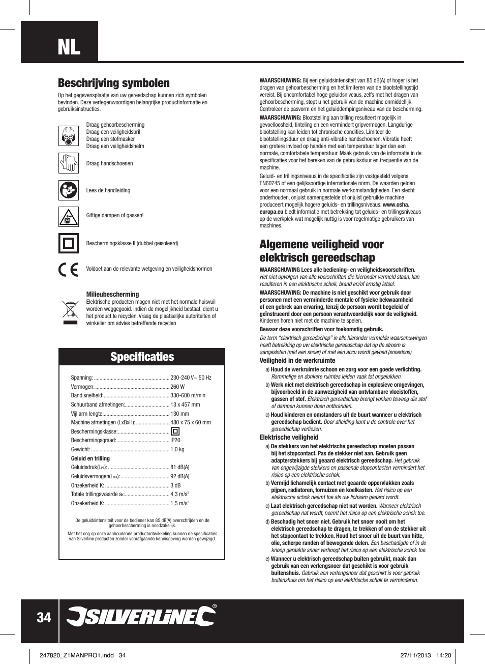 Algemene veiligheid voor elektrisch gereedschap, Beschrijving symbolen, Specificaties | Silverline 260W Power Belt File 13mm User Manual | Page 35 / 40