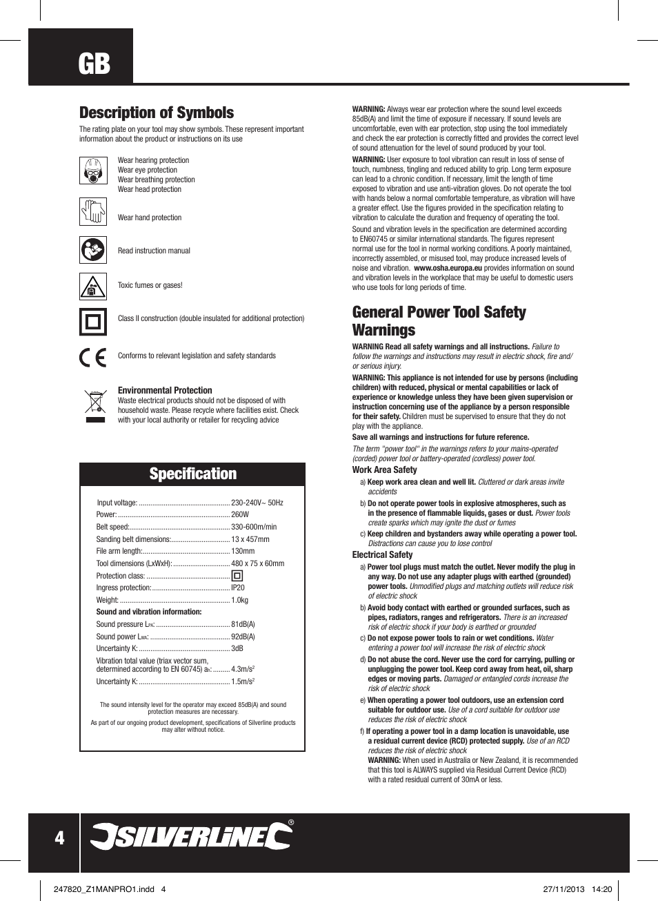 General power tool safety warnings, Description of symbols, Specification | Silverline 260W Power Belt File 13mm User Manual | Page 5 / 40