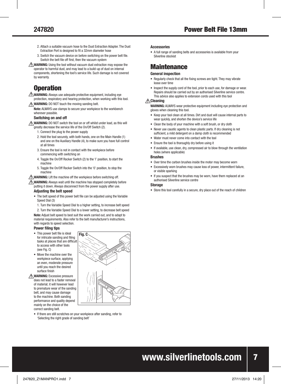 Operation, Maintenance | Silverline 260W Power Belt File 13mm User Manual | Page 8 / 40