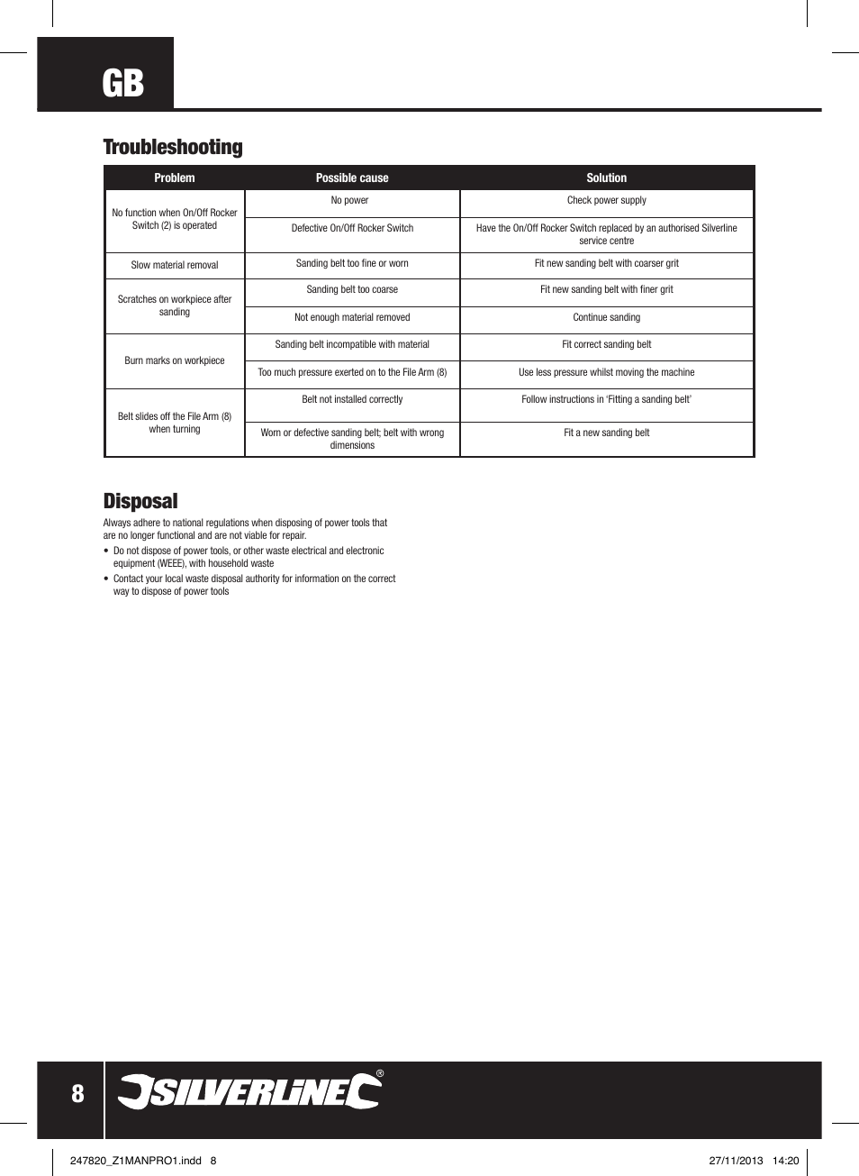 Troubleshooting disposal | Silverline 260W Power Belt File 13mm User Manual | Page 9 / 40