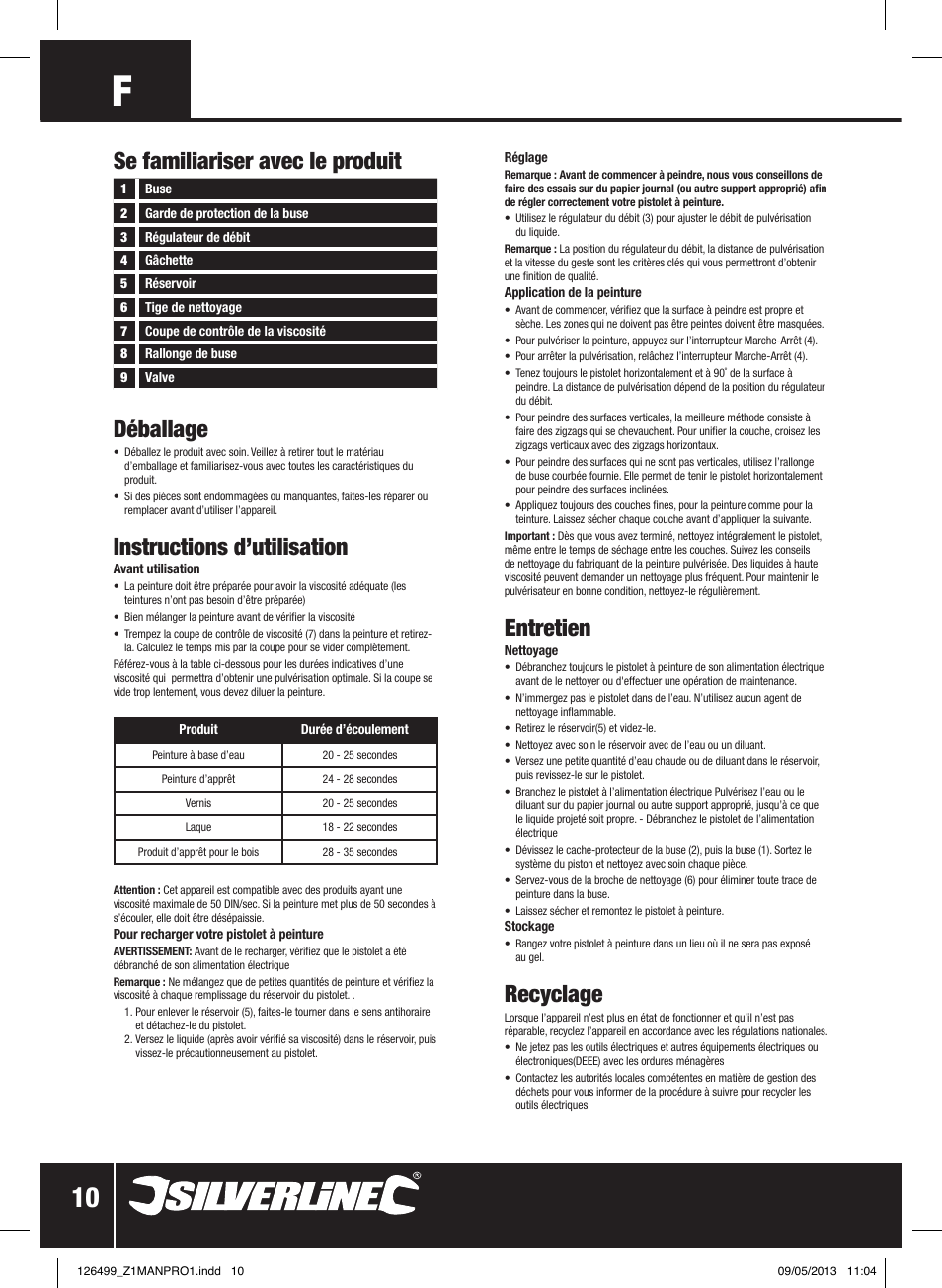 Déballage, Instructions d’utilisation, Se familiariser avec le produit | Entretien, Recyclage | Silverline 120W Spray Gun User Manual | Page 11 / 28