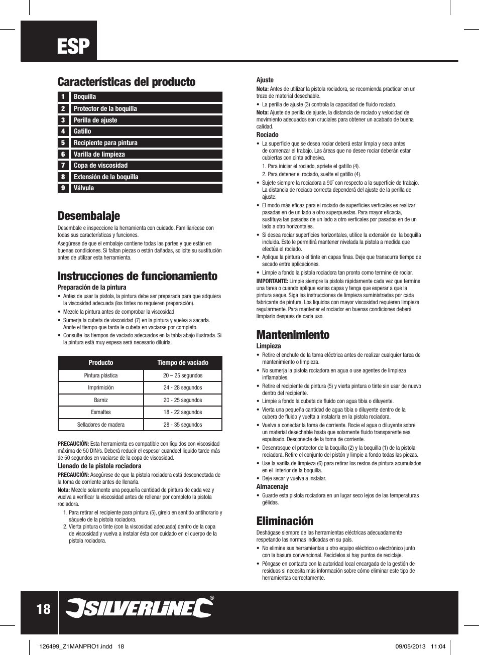 Desembalaje, Instrucciones de funcionamiento, Mantenimiento | Eliminación, Características del producto | Silverline 120W Spray Gun User Manual | Page 19 / 28