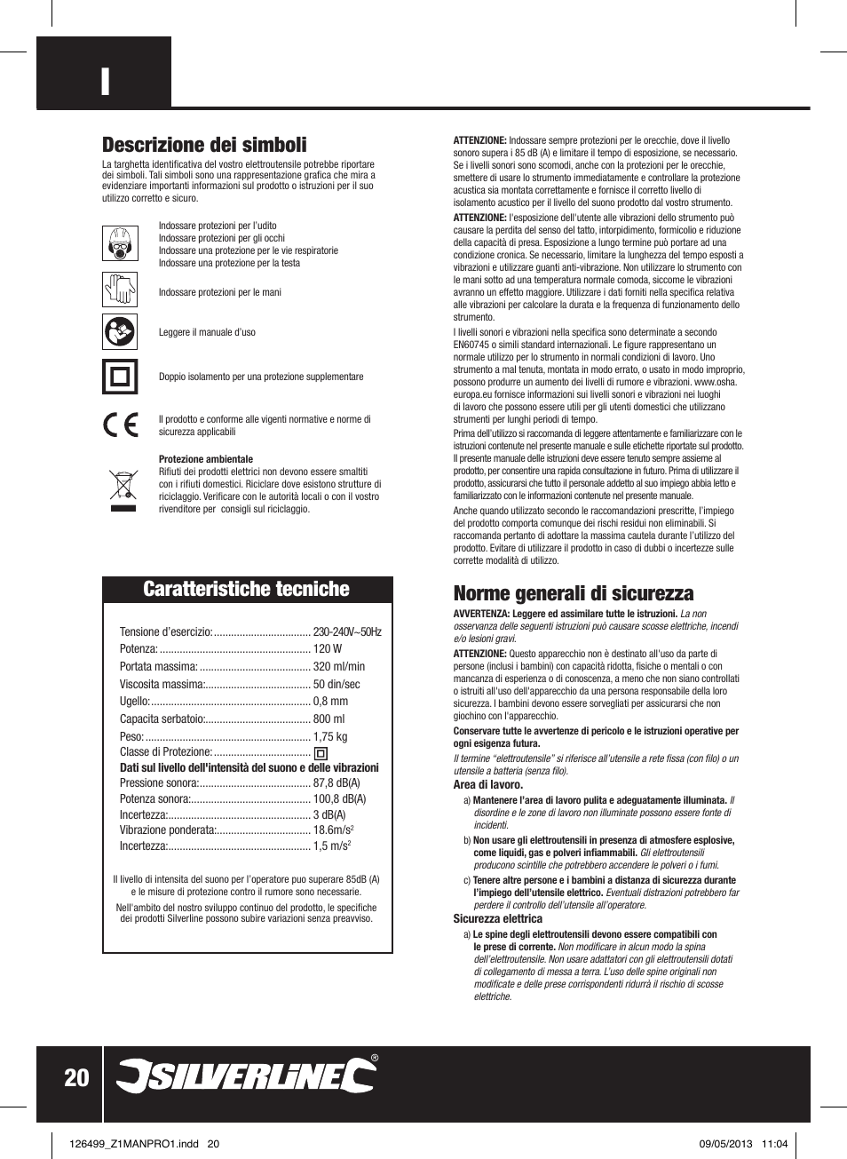 Norme generali di sicurezza, Descrizione dei simboli, Caratteristiche tecniche | Silverline 120W Spray Gun User Manual | Page 21 / 28