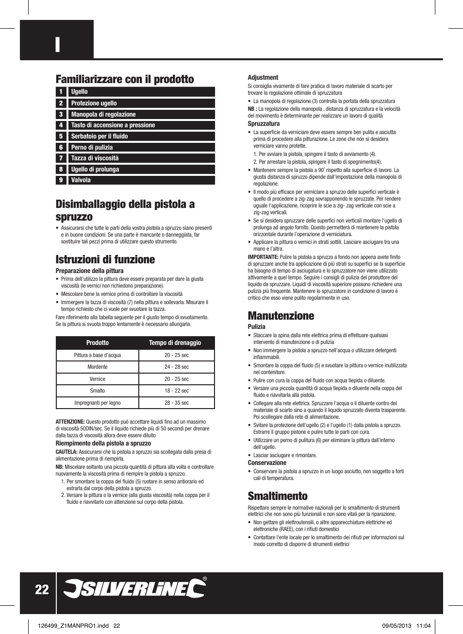 Disimballaggio della pistola a spruzzo, Istruzioni di funzione, Familiarizzare con il prodotto | Manutenzione, Smaltimento | Silverline 120W Spray Gun User Manual | Page 23 / 28