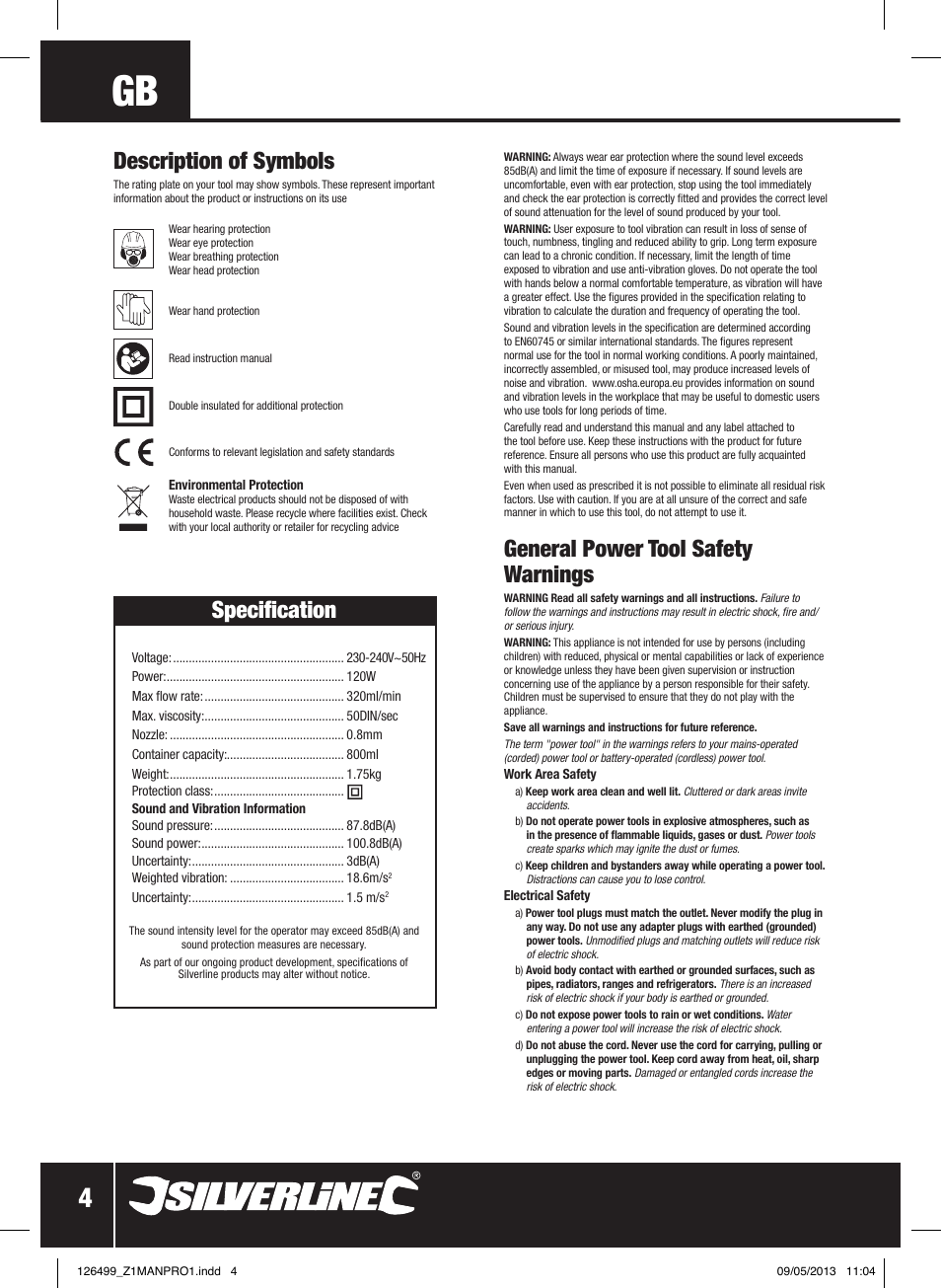 General power tool safety warnings, Description of symbols, Specification | Silverline 120W Spray Gun User Manual | Page 5 / 28