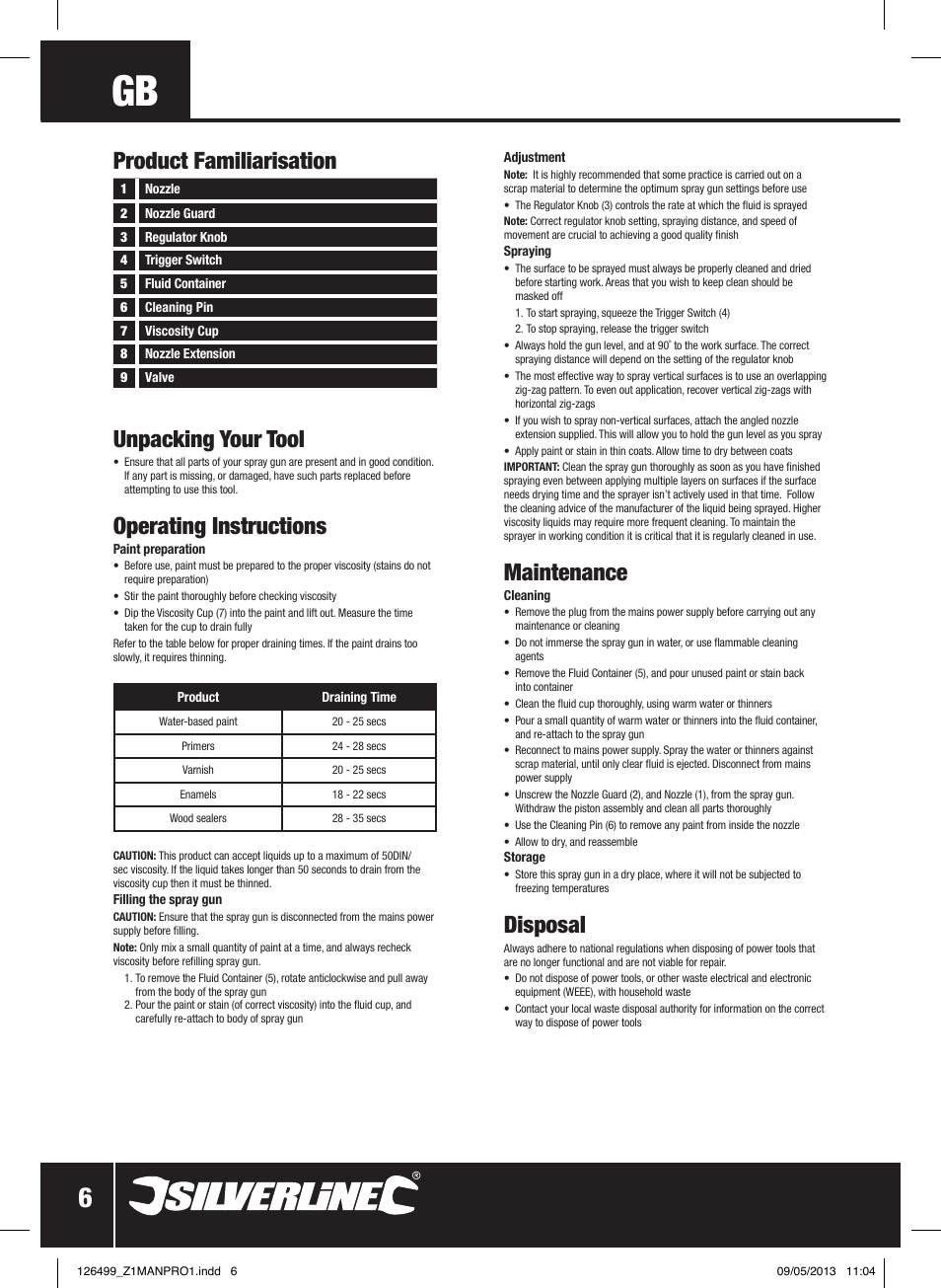 Unpacking your tool, Operating instructions, Maintenance | Disposal, Product familiarisation | Silverline 120W Spray Gun User Manual | Page 7 / 28