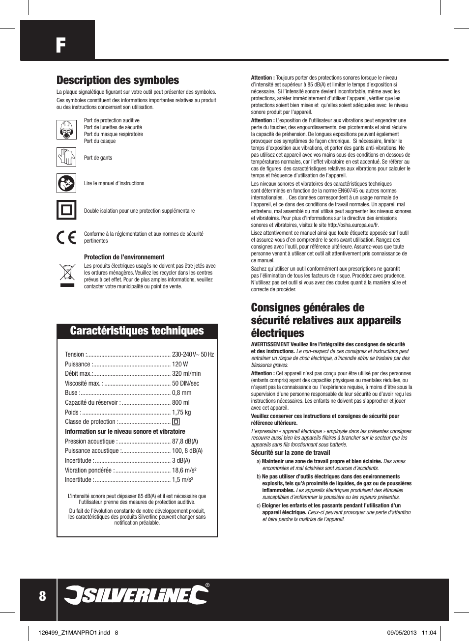 Description des symboles, Caractéristiques techniques | Silverline 120W Spray Gun User Manual | Page 9 / 28