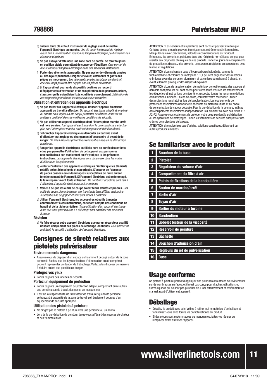 Pulvérisateur hvlp, Usage conforme, Déballage | Silverline 500W HVLP Paint Sprayer User Manual | Page 12 / 40