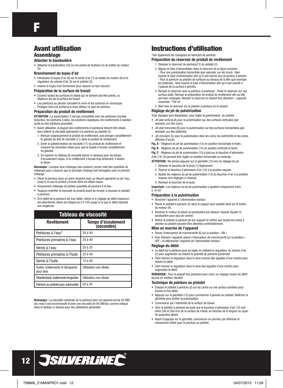 Instructions d’utilisation, Avant utilisation, Tableau de viscosité | Assemblage, Revêtement temps d’écoulement (secondes) | Silverline 500W HVLP Paint Sprayer User Manual | Page 13 / 40