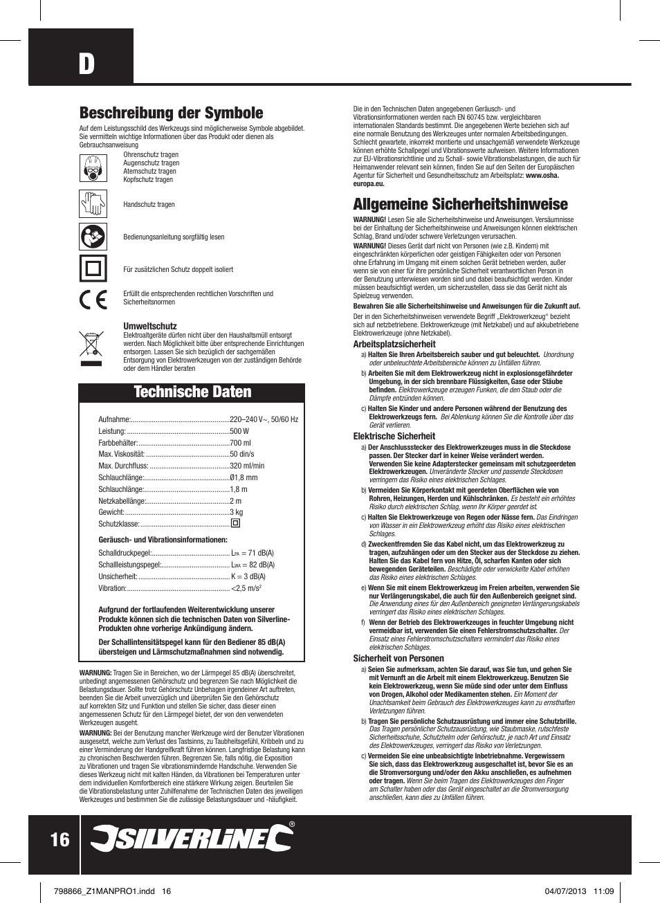 Allgemeine sicherheitshinweise, Beschreibung der symbole, Technische daten | Silverline 500W HVLP Paint Sprayer User Manual | Page 17 / 40