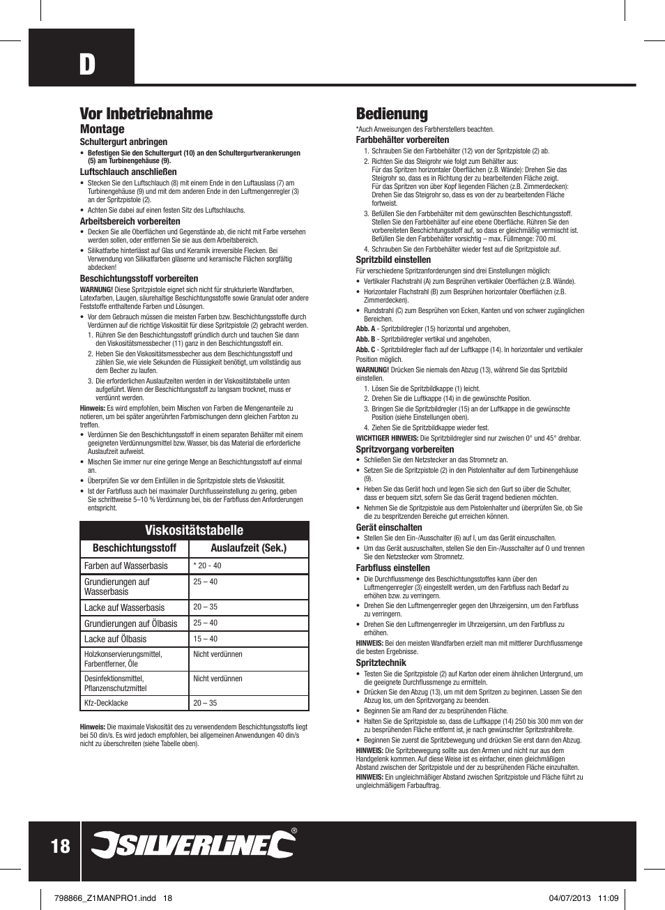 Bedienung, Vor inbetriebnahme, Viskositätstabelle | Montage, Beschichtungsstoff auslaufzeit (sek.) | Silverline 500W HVLP Paint Sprayer User Manual | Page 19 / 40