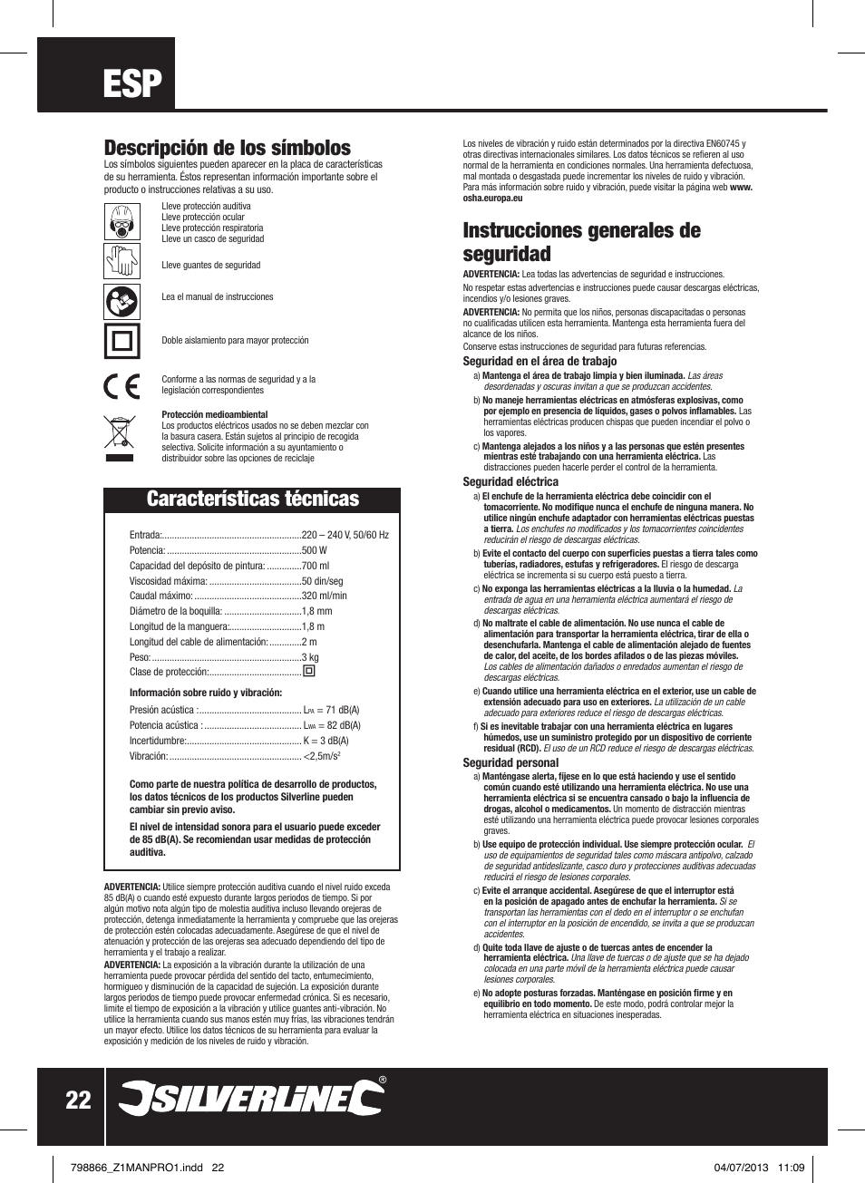 Instrucciones generales de seguridad, Descripción de los símbolos, Características técnicas | Silverline 500W HVLP Paint Sprayer User Manual | Page 23 / 40