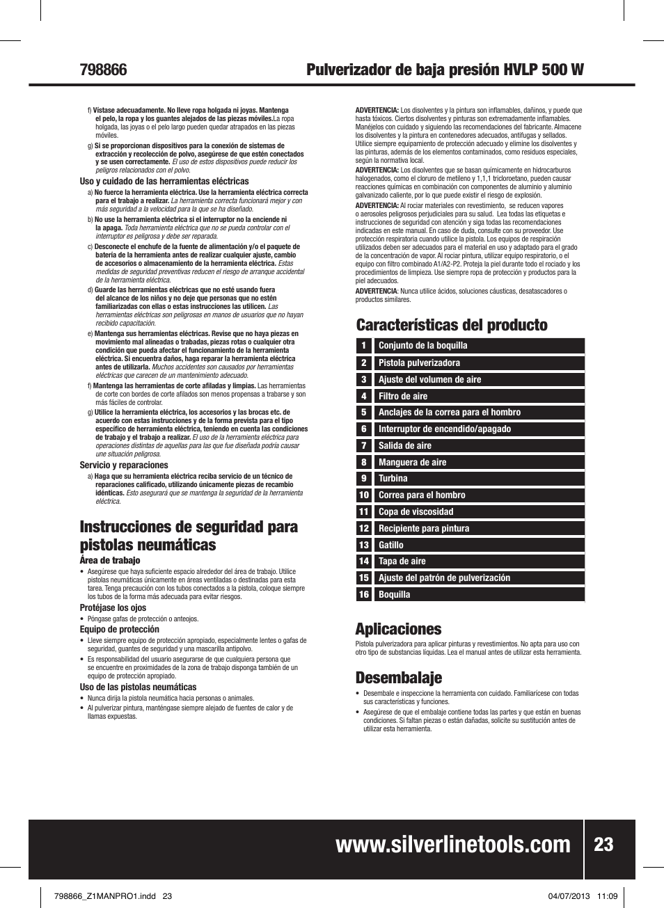 Características del producto, Desembalaje | Silverline 500W HVLP Paint Sprayer User Manual | Page 24 / 40