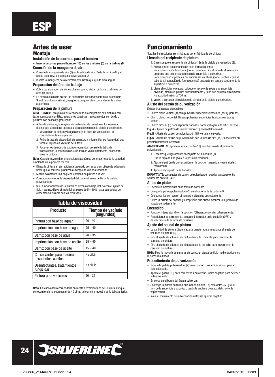 Funcionamiento, Antes de usar, Tabla de viscosidad | Montaje | Silverline 500W HVLP Paint Sprayer User Manual | Page 25 / 40