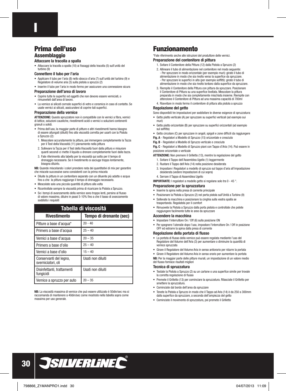 Funzionamento, Prima dell’uso, Tabella di viscositá | Assemblaggio | Silverline 500W HVLP Paint Sprayer User Manual | Page 31 / 40