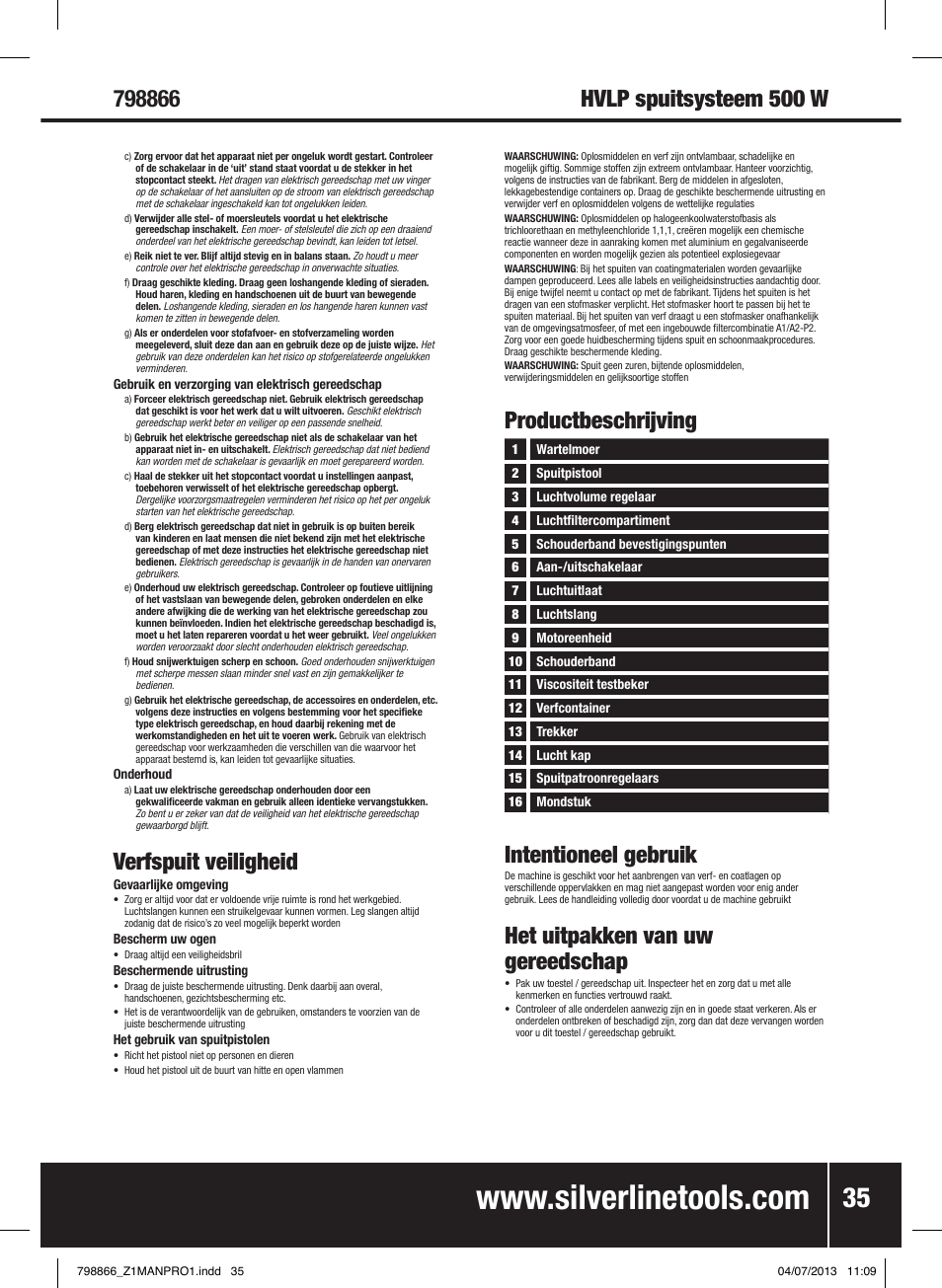 Verfspuit veiligheid, Productbeschrijving, Hvlp spuitsysteem 500 w intentioneel gebruik | Het uitpakken van uw gereedschap | Silverline 500W HVLP Paint Sprayer User Manual | Page 36 / 40