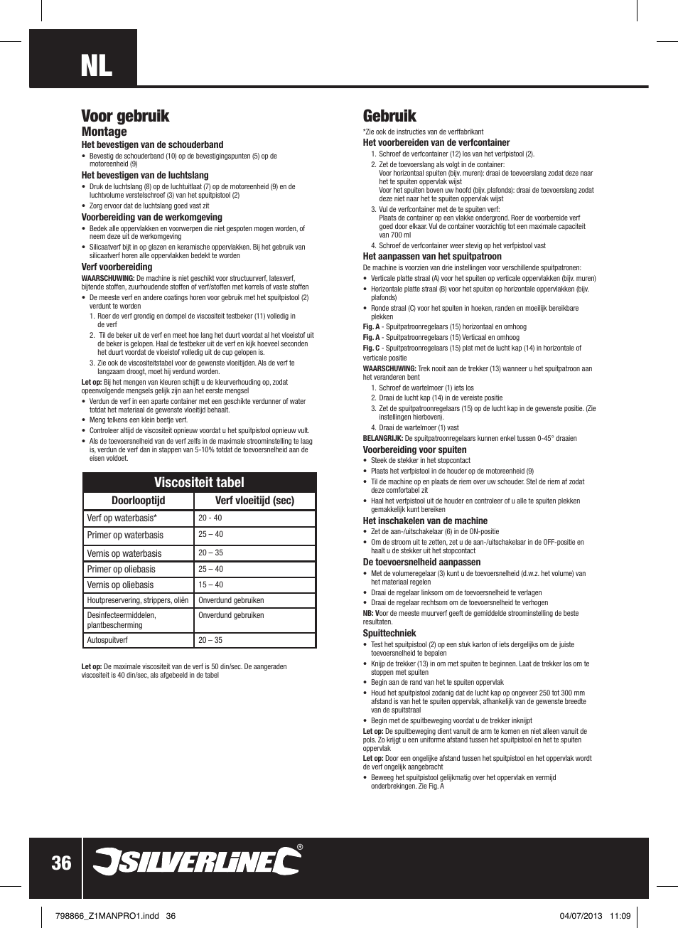 Gebruik, Voor gebruik, Viscositeit tabel | Montage, Doorlooptijd verf vloeitijd (sec) | Silverline 500W HVLP Paint Sprayer User Manual | Page 37 / 40