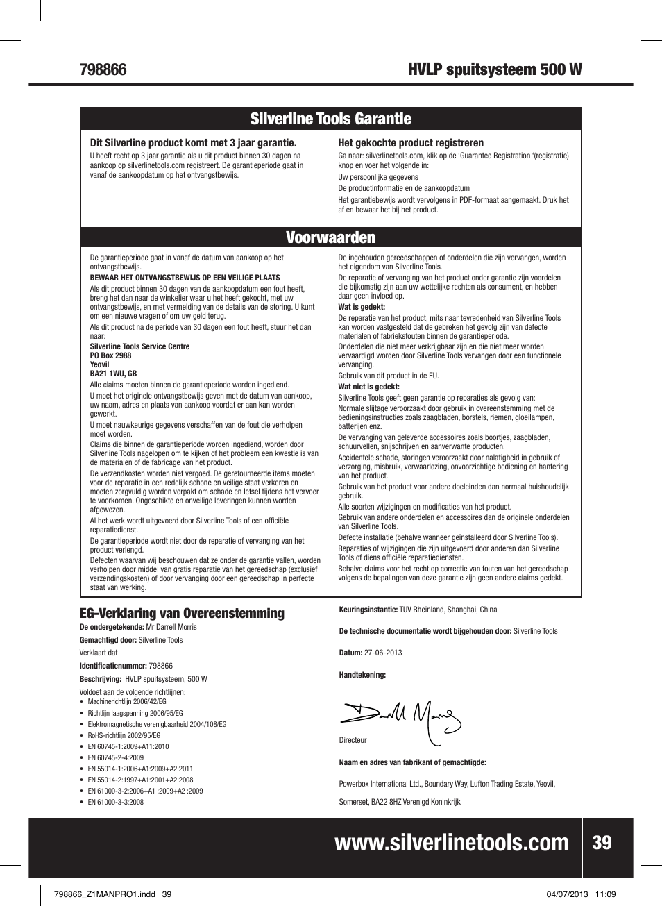 Voorwaarden silverline tools garantie, Eg-verklaring van overeenstemming | Silverline 500W HVLP Paint Sprayer User Manual | Page 40 / 40