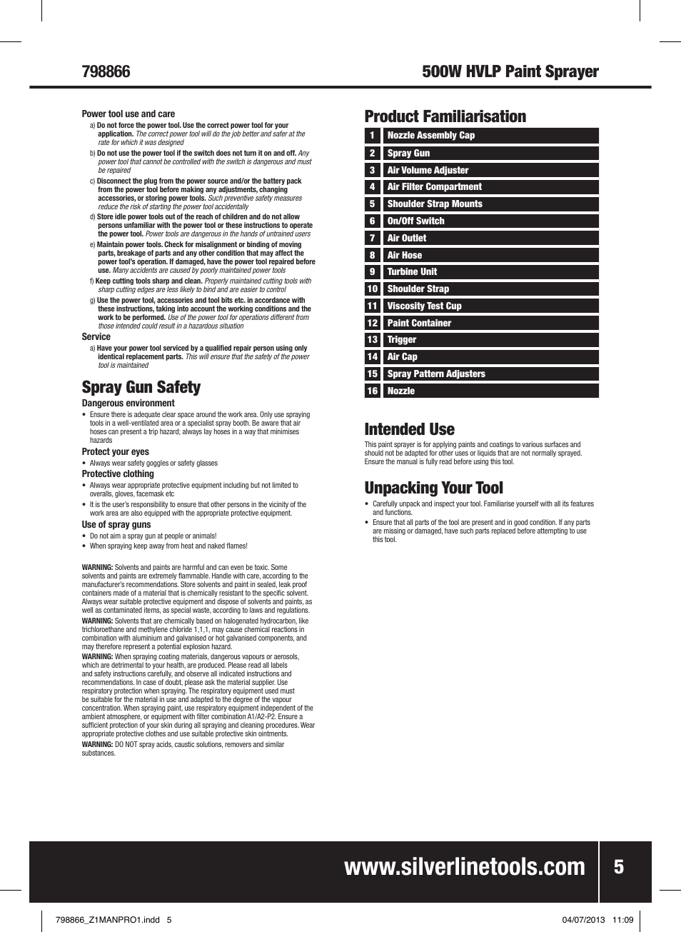 Spray gun safety, 500w hvlp paint sprayer, Product familiarisation intended use | Unpacking your tool | Silverline 500W HVLP Paint Sprayer User Manual | Page 6 / 40