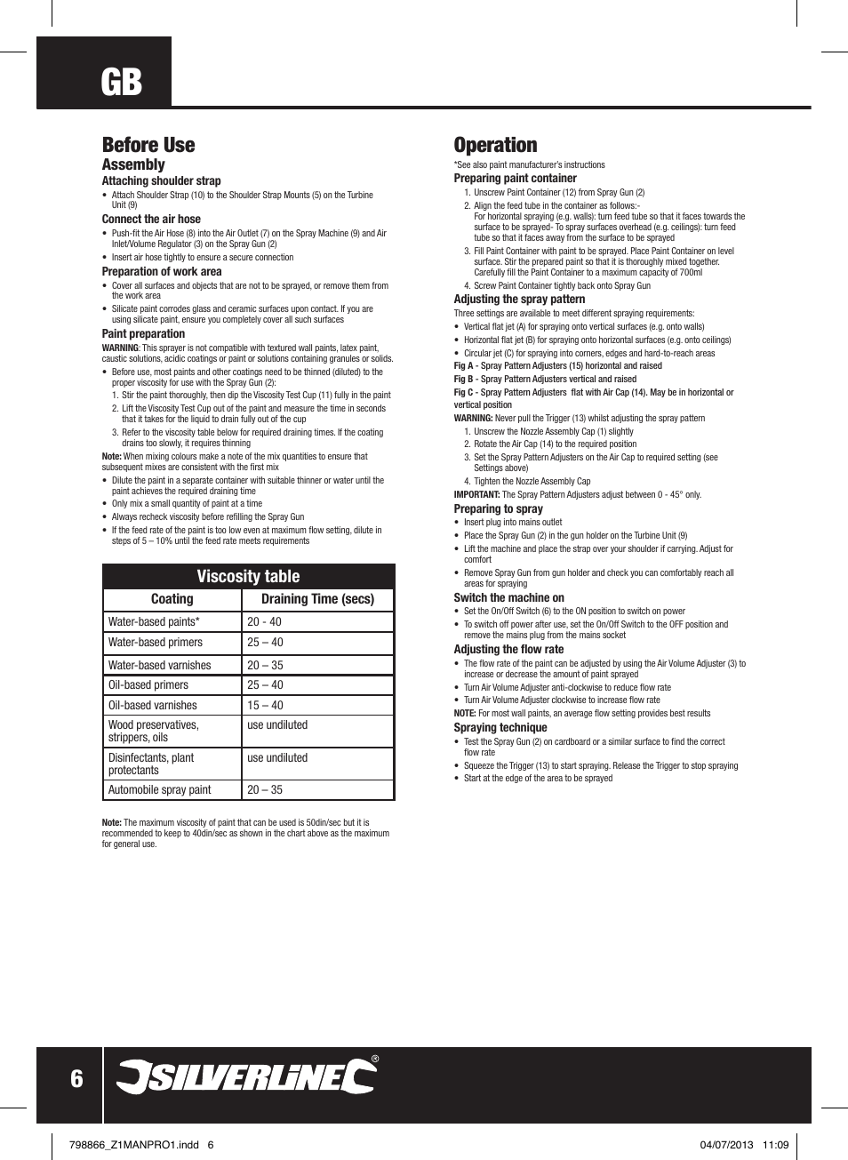 Operation, Before use, Viscosity table | Assembly | Silverline 500W HVLP Paint Sprayer User Manual | Page 7 / 40