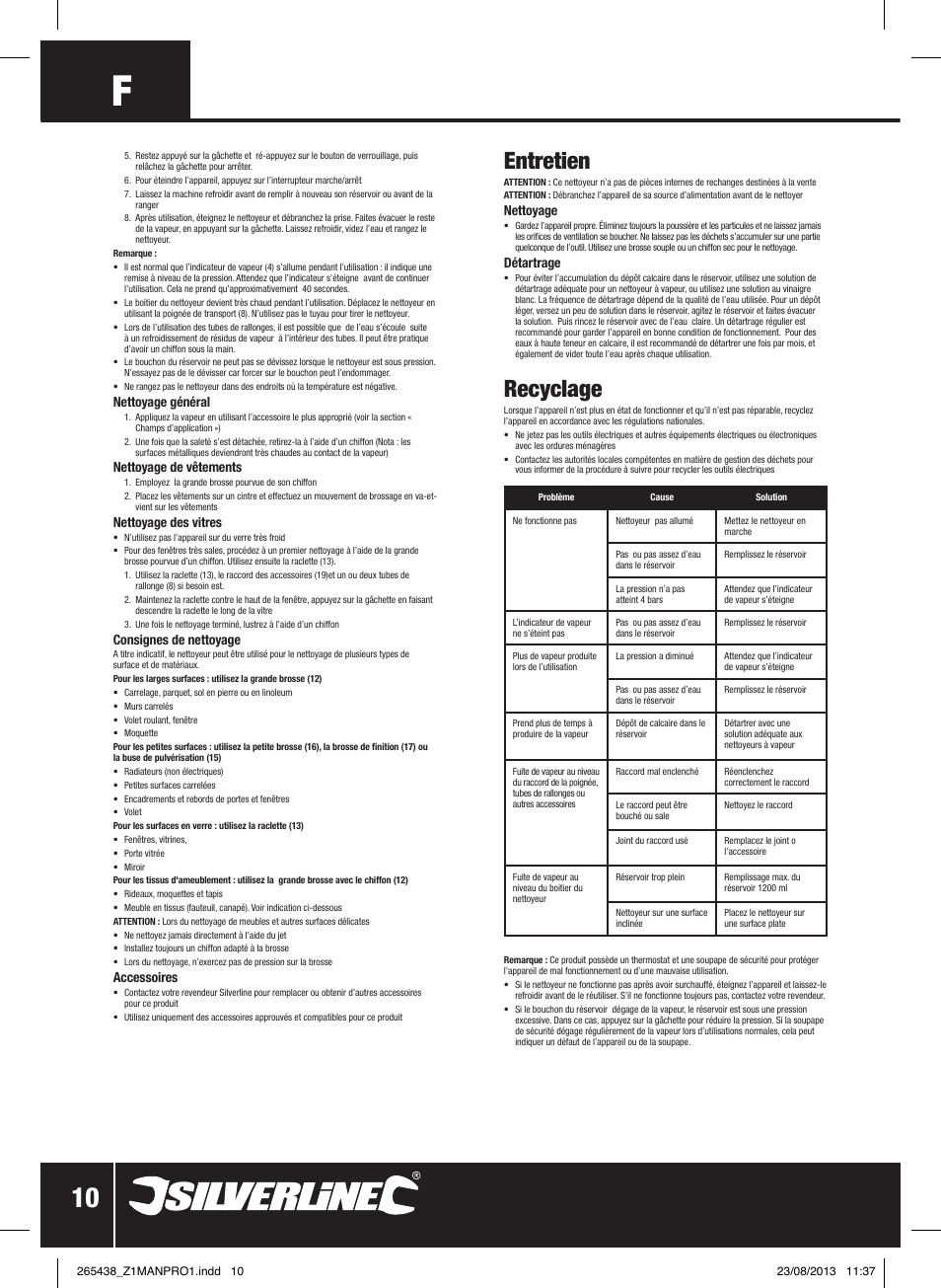 Entretien, Recyclage | Silverline 1500W Steam Cleaning System User Manual | Page 11 / 28