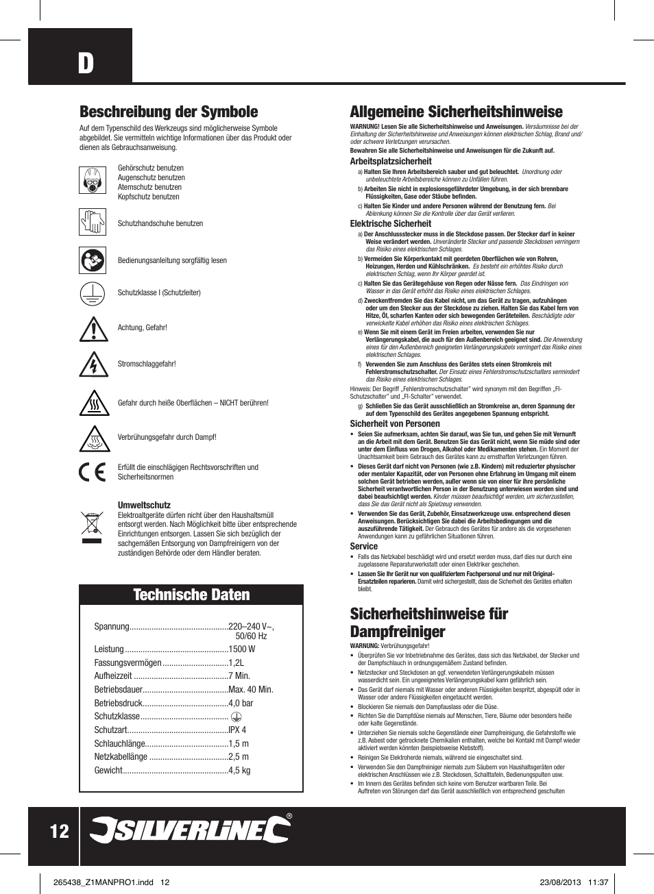 Allgemeine sicherheitshinweise, Sicherheitshinweise für dampfreiniger, Technische daten | Beschreibung der symbole | Silverline 1500W Steam Cleaning System User Manual | Page 13 / 28