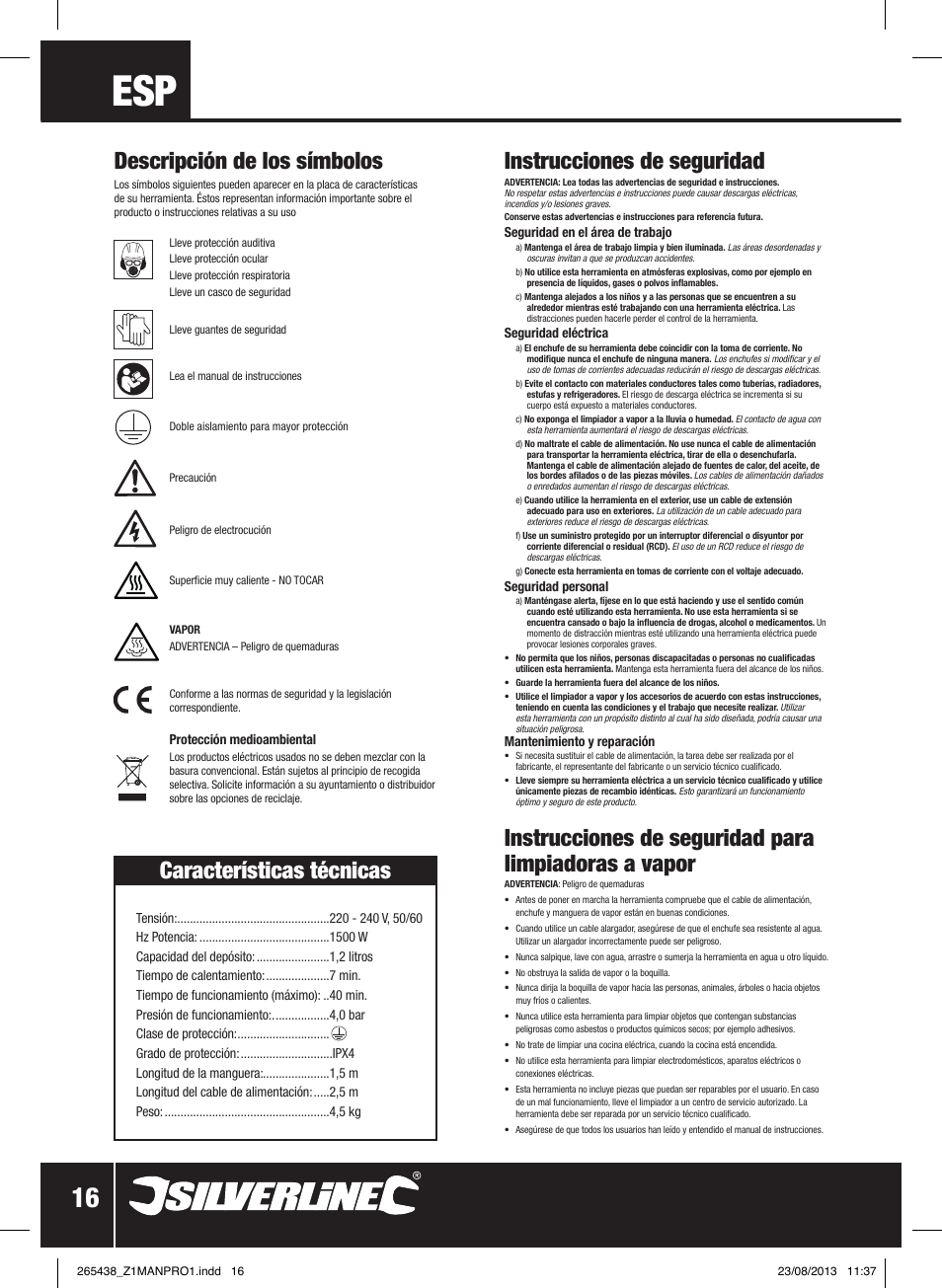 Instrucciones de seguridad, Características técnicas, Descripción de los símbolos | Silverline 1500W Steam Cleaning System User Manual | Page 17 / 28