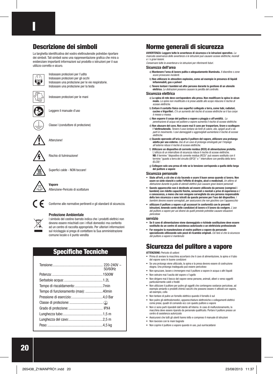 Norme generali di sicurezza, Sicurezza del pulitore a vapore, Specifiche tecniche | Descrizione dei simboli | Silverline 1500W Steam Cleaning System User Manual | Page 21 / 28