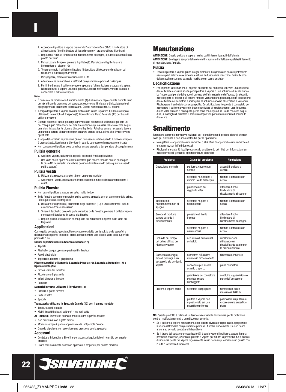 Manutenzione, Smaltimento | Silverline 1500W Steam Cleaning System User Manual | Page 23 / 28