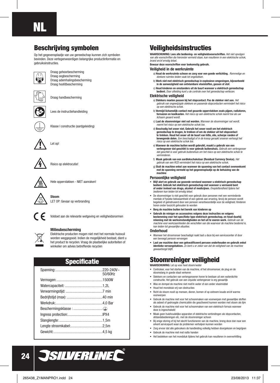 Specificatie, Beschrijving symbolen, Veiligheidsinstructies | Stoomreiniger veiligheid | Silverline 1500W Steam Cleaning System User Manual | Page 25 / 28
