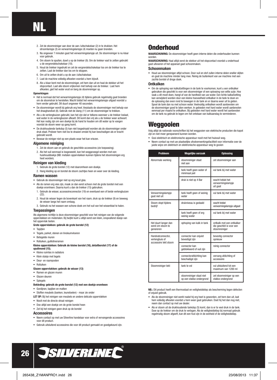 Onderhoud, Weggooien | Silverline 1500W Steam Cleaning System User Manual | Page 27 / 28