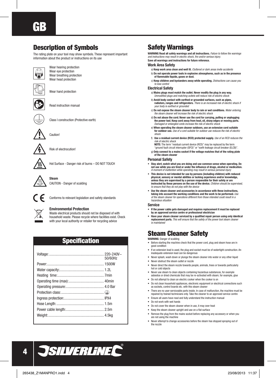 Safety warnings, Steam cleaner safety, Specification | Description of symbols | Silverline 1500W Steam Cleaning System User Manual | Page 5 / 28