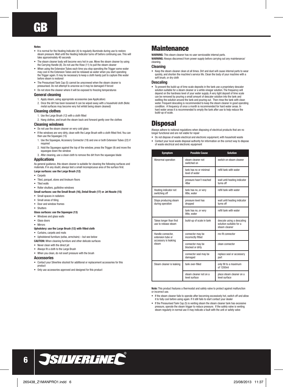 Maintenance, Disposal | Silverline 1500W Steam Cleaning System User Manual | Page 7 / 28