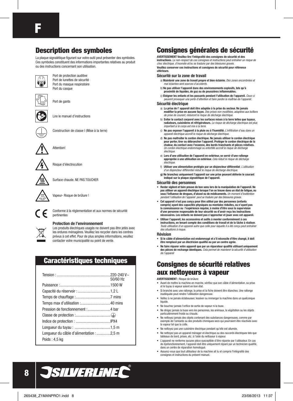 Consignes générales de sécurité, Caractéristiques techniques, Description des symboles | Silverline 1500W Steam Cleaning System User Manual | Page 9 / 28