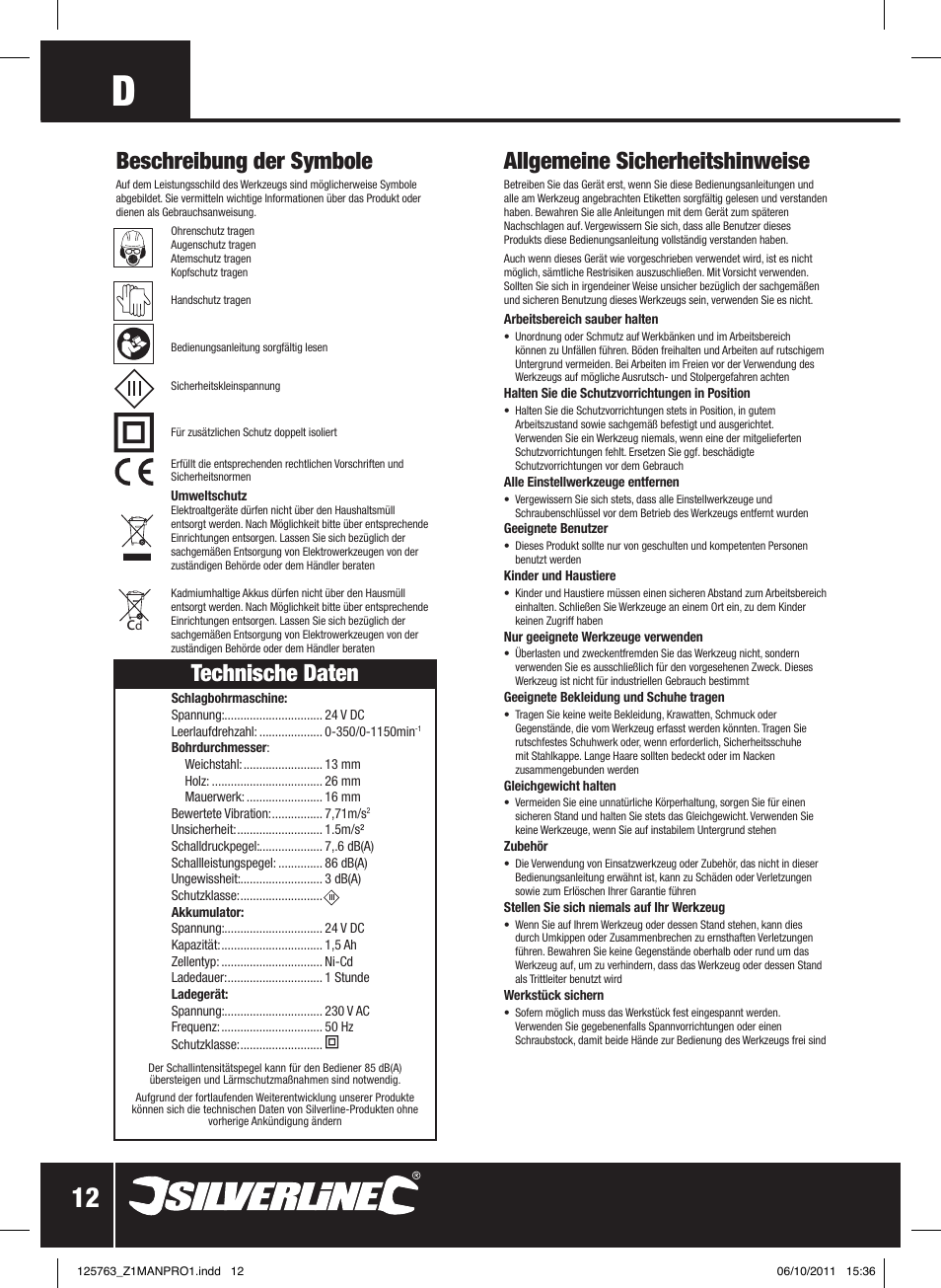 Technische daten, Allgemeine sicherheitshinweise, Beschreibung der symbole | Silverline Combi Hammer Drill 24V User Manual | Page 13 / 28