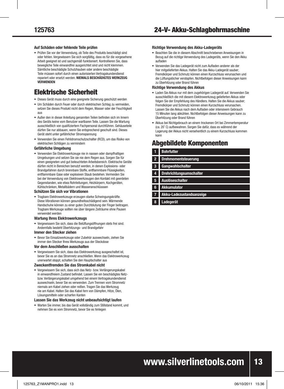 V- akku-schlagbohrmaschine, Abgebildete komponenten, Elektrische sicherheit | Silverline Combi Hammer Drill 24V User Manual | Page 14 / 28