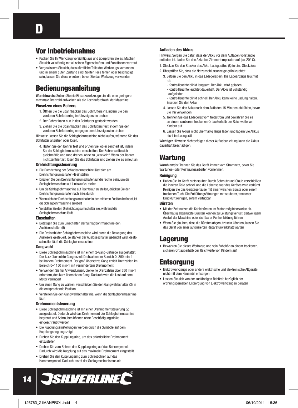 Vor inbetriebnahme, Bedienungsanleitung, Wartung | Lagerung, Entsorgung | Silverline Combi Hammer Drill 24V User Manual | Page 15 / 28