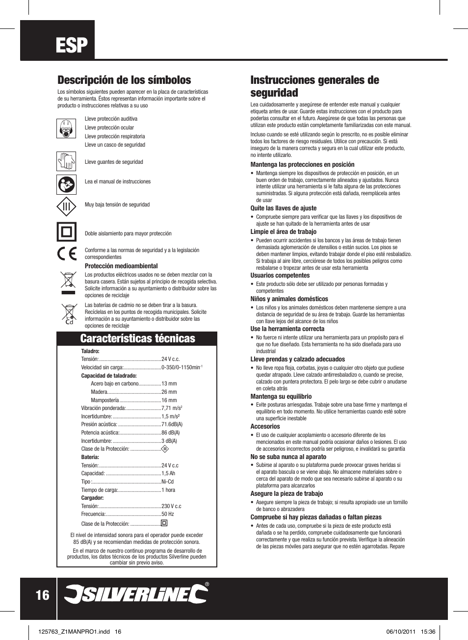 Características técnicas, Instrucciones generales de seguridad, Descripción de los símbolos | Silverline Combi Hammer Drill 24V User Manual | Page 17 / 28