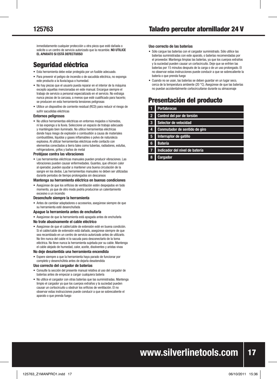 Taladro percutor atornillador 24 v, Seguridad eléctrica, Presentación del producto | Silverline Combi Hammer Drill 24V User Manual | Page 18 / 28