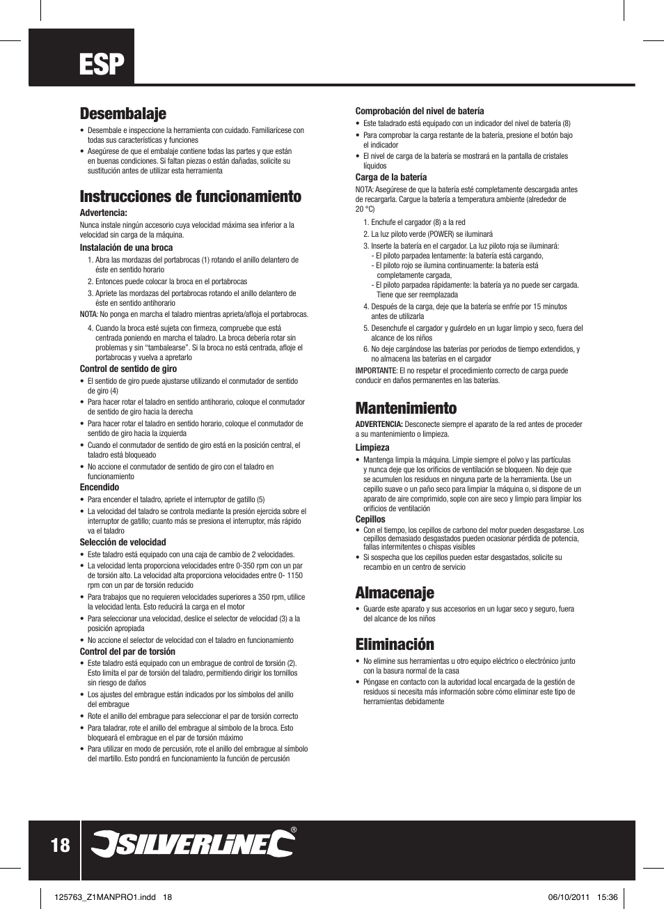 Desembalaje, Instrucciones de funcionamiento, Mantenimiento | Almacenaje, Eliminación | Silverline Combi Hammer Drill 24V User Manual | Page 19 / 28