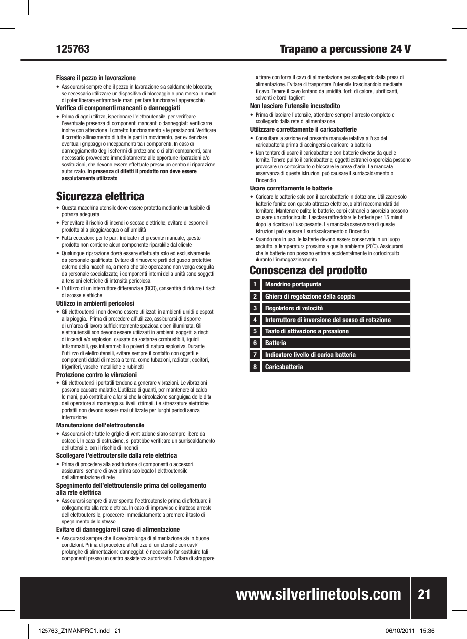 Trapano a percussione 24 v, Sicurezza elettrica, Conoscenza del prodotto | Silverline Combi Hammer Drill 24V User Manual | Page 22 / 28