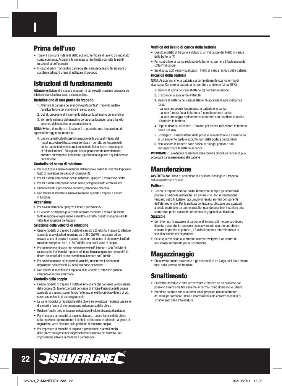 Prima dell'uso, Istruzioni di funzionamento, Manutenzione | Magazzinaggio, Smaltimento | Silverline Combi Hammer Drill 24V User Manual | Page 23 / 28