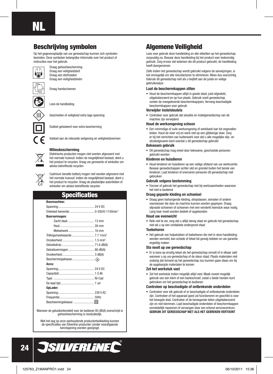 Specificaties, Algemene veiligheid, Beschrijving symbolen | Silverline Combi Hammer Drill 24V User Manual | Page 25 / 28