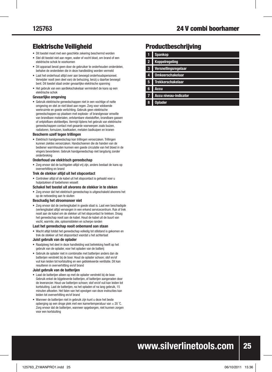 24 v combi boorhamer elektrische veiligheid, Productbeschrijving | Silverline Combi Hammer Drill 24V User Manual | Page 26 / 28