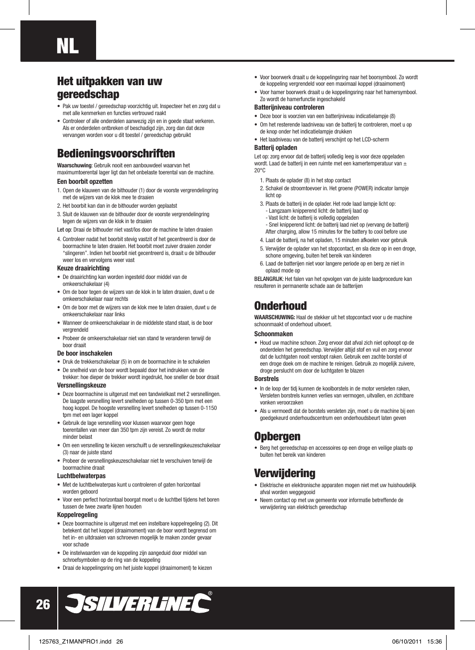 Het uitpakken van uw gereedschap, Bedieningsvoorschriften, Onderhoud | Opbergen, Verwijdering | Silverline Combi Hammer Drill 24V User Manual | Page 27 / 28