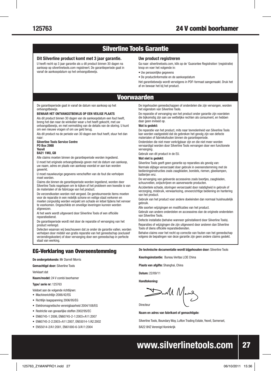 Voorwaarden silverline tools garantie, Eg-verklaring van overeenstemming | Silverline Combi Hammer Drill 24V User Manual | Page 28 / 28