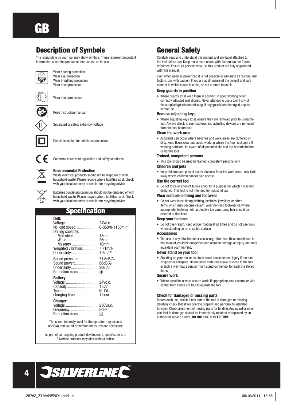 General safety, Specification, Description of symbols | Silverline Combi Hammer Drill 24V User Manual | Page 5 / 28