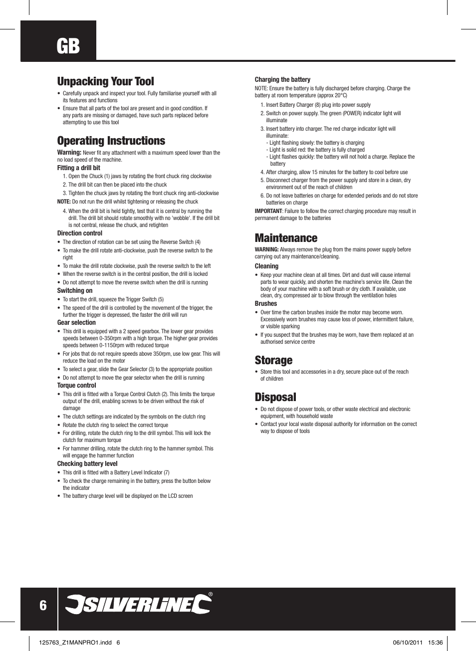 Unpacking your tool, Operating instructions, Maintenance | Storage, Disposal | Silverline Combi Hammer Drill 24V User Manual | Page 7 / 28