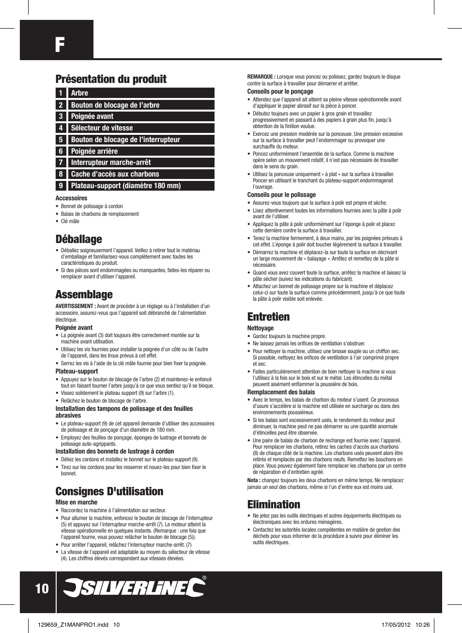 Déballage, Assemblage, Consignes d'utilisation | Entretien, Elimination, Présentation du produit | Silverline 1200W Sander Polisher 180mm User Manual | Page 11 / 28