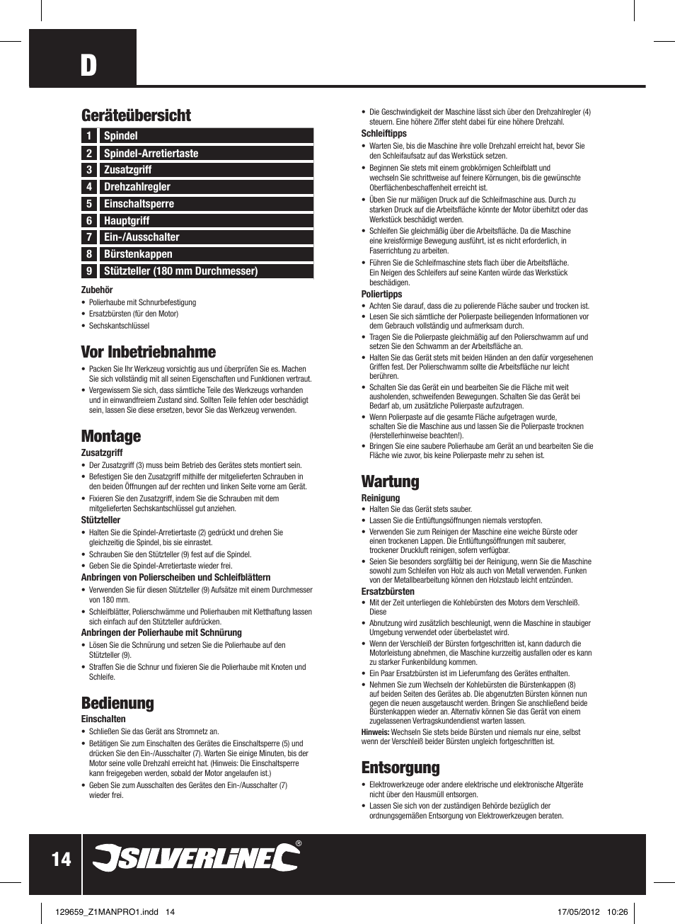 Vor inbetriebnahme, Montage, Bedienung | Wartung, Entsorgung, Geräteübersicht | Silverline 1200W Sander Polisher 180mm User Manual | Page 15 / 28
